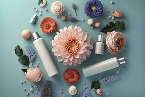 Fresh floral skincare concept. Top view flat lay of pump bottle, pipette, cream bottles, and tubes with flowers on pastel blue background with an empty circle for text or branding. AI Generative photo