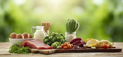 Closeup of vegetables, fruits, and meat on wooden table over green natural background. Generative AI photo