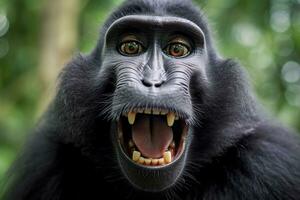 Celebes crested macaque with open mouth. Close up on the green natural background. Generative AI photo