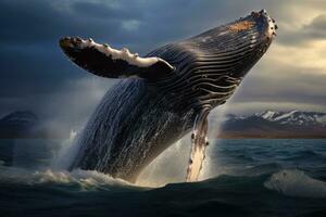 Humpback whale in the ocean. 3D illustration. Nature, Jumping humpback whale over water, AI Generated photo