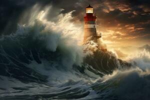 Lighthouse in stormy sea. 3D illustration. Elements of this image furnished by NASA, lighthouse hit by massive wave, AI Generated photo