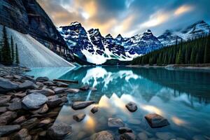 Moraine Lake in Banff National Park, Alberta, Canada, Long Exposure photo of Lake Moraine, Banff National Park, AI Generated