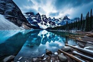 Beautiful Moraine Lake in Banff National Park, Alberta, Canada, Long Exposure photo of Lake Moraine, Banff National Park, AI Generated