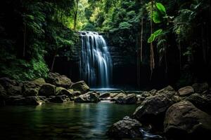 Tropical waterfall in the rainforest, long exposure photo, Long exposure of a waterfall in the jungle, Khao Yai National Park, Thailand, AI Generated photo