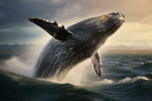 Humpback whale jumps out of the water. 3d render, Jumping humpback whale over water, AI Generated photo