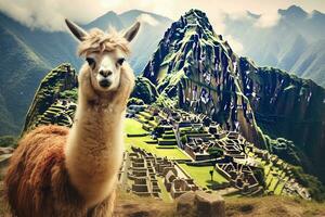 llama en el antiguo ciudad de machu picchu, Perú, lama y machu picchu, ai generado foto