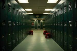 3D rendering of a school corridor with lockers and red chairs, Locker Room, AI Generated photo