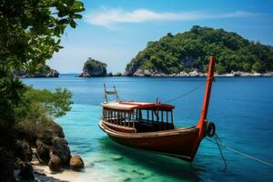 Traditional Thai longtail boat on the beach in Krabi, Thailand, Longtail boat anchored in the sea, with the landscape of the archipelago visible in the background, AI Generated photo