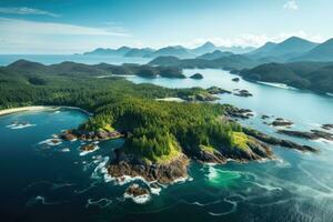 aéreo ver de un hermosa isla en el medio de el mar, paisaje de tofino cubierto en verdor rodeado por el mar en el Vancouver islas, Canadá, ai generado foto