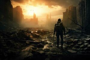 Man with a backpack on the background of the destroyed city. Mixed media, Lone soldier walking in destroyed city, AI Generated photo