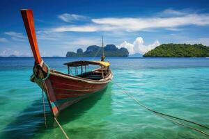 Traditional Thai longtail boat in Andaman sea, Krabi, Thailand, Longtail boat anchored in the sea, with the landscape of the archipelago visible in the background, AI Generated photo