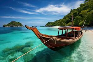 Traditional longtail boat on tropical beach at Andaman sea, Thailand, Longtail boat anchored in the sea, with the landscape of the archipelago visible in the background, AI Generated photo