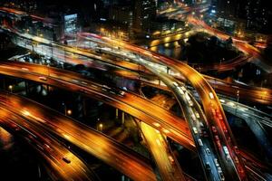 autopista en el ciudad a noche. concepto de velocidad y movimiento, luces en el calle. Autopista parte superior vista, tráfico ligero cuadro, ai generado foto