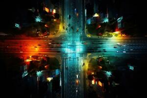 Aerial view of highway intersection with cars at night in city, lights on the street. Expressway top view, traffic light painting, AI Generated photo