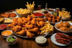 chicken wings, french fries, nuggets, sauces and snacks, large table of assorted take out food such as pizza, french fries, onion rings, fried chicken and chicken wings, AI Generated photo