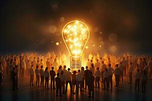 Group of business people with glowing light bulb. Idea concept. 3D Rendering, Leadership concept with crowd of people and light. 3d rendering, AI Generated photo