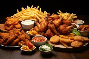 Assorted fast food including chicken nuggets, french fries, hamburger, chicken wings, fish and chips, large table of assorted take out food such as pizza, french fries, AI Generated photo