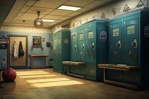 3D rendering of a locker room in an old school school, Locker Room, AI Generated photo