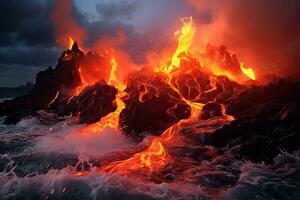 volcánico erupción con lava y lava fluir. 3d ilustración, lava es entrando el Oceano con muchos pequeño fluye, ai generado foto