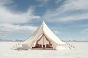 Tent in the desert. 3D rendering. Elements of this image furnished by NASA, light white and wood tent in the white desert, AI Generated photo