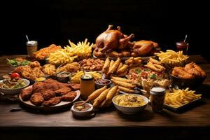 tradicional alemán comida en un de madera mesa. frito pollo, francés papas fritas, cebolla anillos, cerveza, pollo pepitas, pescado y papas fritas, grande mesa clasificado tomar fuera comida tal pizza, francés papas fritas, ai generado foto