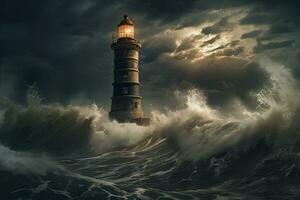 Stormy sea with stormy waves and lighthouse. 3d rendering, Lighthouse in the storm on the North Sea. 3d rendering, AI Generated photo