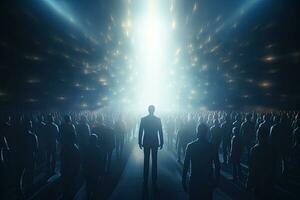 Businessman standing in front of a crowd of people with glowing lights, Leadership concept with crowd of people and light. 3d rendering, AI Generated photo