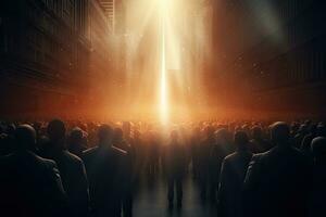 Crowd of people in a large city at night. 3d rendering, Leadership concept with crowd of people and light. 3d rendering, AI Generated photo