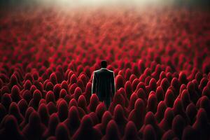 Businessman standing in front of crowd of people. 3D rendering, Leadership and teamwork concept with 3d illustration of a man in front of a crowd of red people, AI Generated photo