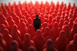 hombre silueta en pie en multitud de rojo gente. 3d ilustración, liderazgo y trabajo en equipo concepto con 3d ilustración de un hombre en frente de un multitud de rojo gente, ai generado foto