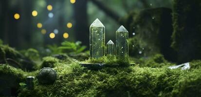 Crystals with moon phases image of moss in a mysterious forest, natural background. Generative AI photo