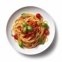 Delicious Plate of Spaghetti with Tomato Sauce on a White Background Generative AI photo
