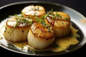 Closeup of pan seared diver scallops with lemon beurre blanc. Generative AI photo