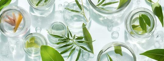 Banner Laboratory glassware, and Petri dishes floating on the surface of the water. AI Generative photo