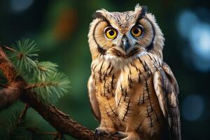 Owl perched on a tree branch in nature Generative AI photo