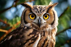 Owl perched on a tree branch in nature Generative AI photo