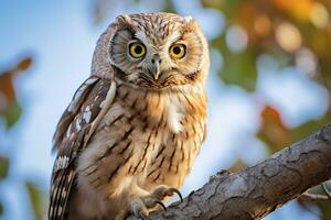 Owl perched on a tree branch in nature Generative AI photo