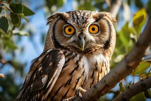 Owl perched on a tree branch in nature Generative AI photo