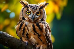 Owl perched on a tree branch in nature Generative AI photo