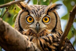 Owl perched on a tree branch in nature Generative AI photo