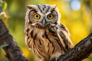 Owl perched on a tree branch in nature Generative AI photo