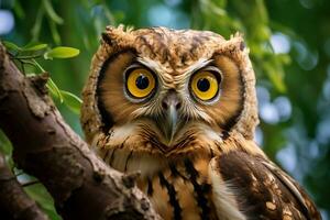 Owl perched on a tree branch in nature Generative AI photo