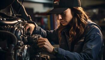 female mechanic repairing car in workshop Generative AI photo