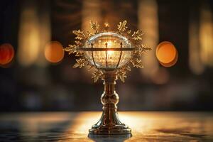 The golden monstrance with a little transparent crystal center, consecrated host. church defocused background. AI Generative photo