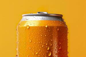 lata de Fresco soda con agua gotas en naranja fondo, de cerca. generativo ai foto
