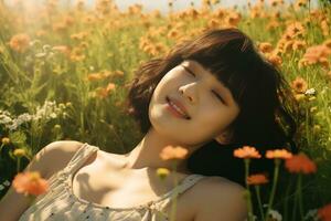 Asian girl lying in a meadow full of flowers Generative AI photo