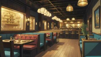 Restaurant Eatery with Wooden Furniture Graphic Novel Anime Manga Wallpaper photo