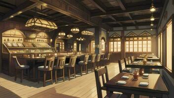 Restaurant Eatery with Wooden Furniture Graphic Novel Anime Manga Wallpaper photo