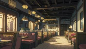 Restaurant Eatery with Wooden Furniture Graphic Novel Anime Manga Wallpaper photo