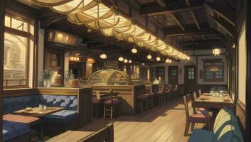 Restaurant Eatery with Wooden Furniture Graphic Novel Anime Manga Wallpaper photo